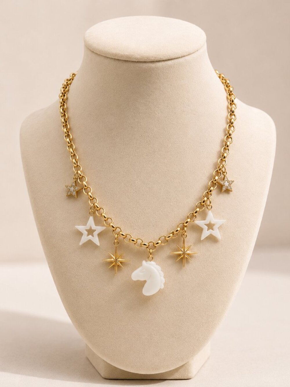 *New* Luna Norte Mother of Pearl Horse and Star Charms Brass Necklace